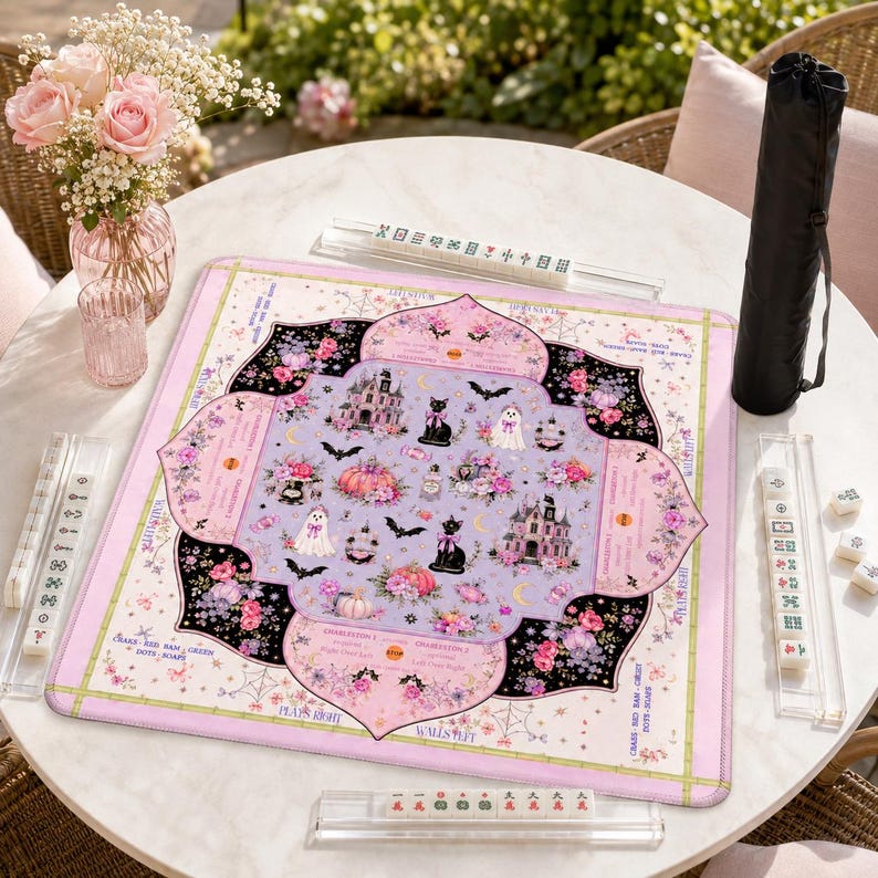 Hey Punkin Halloween Mahjong Mat, Pink Ghost Black Cat Instructional Game Night Gift, American Mahjong