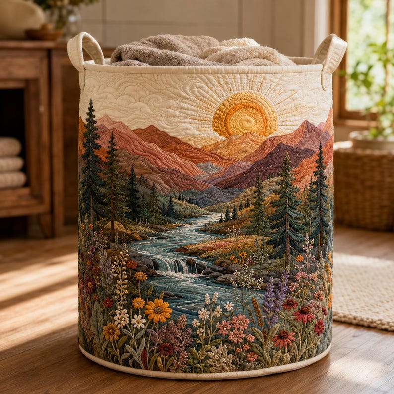 Golden Sunrise Quilted Laundry Basket, Mountain River Storage Bin, Wilderness Clothes Hamper