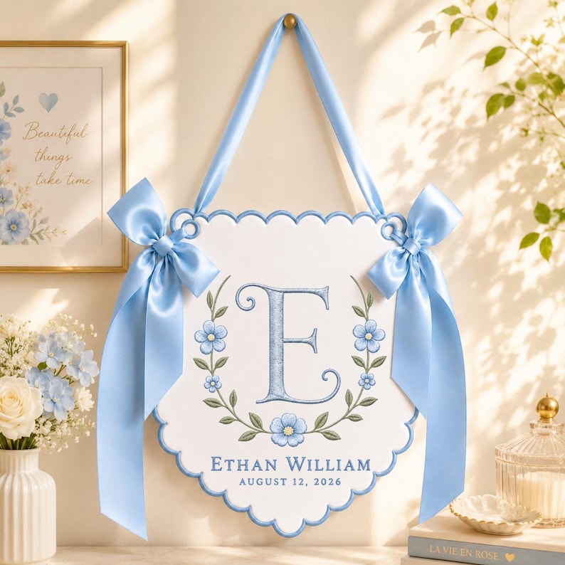 Personalized Baby Monogram Scalloped Banner Decor, Custom Embroidered Name Date Initial Wall Hanging Sign