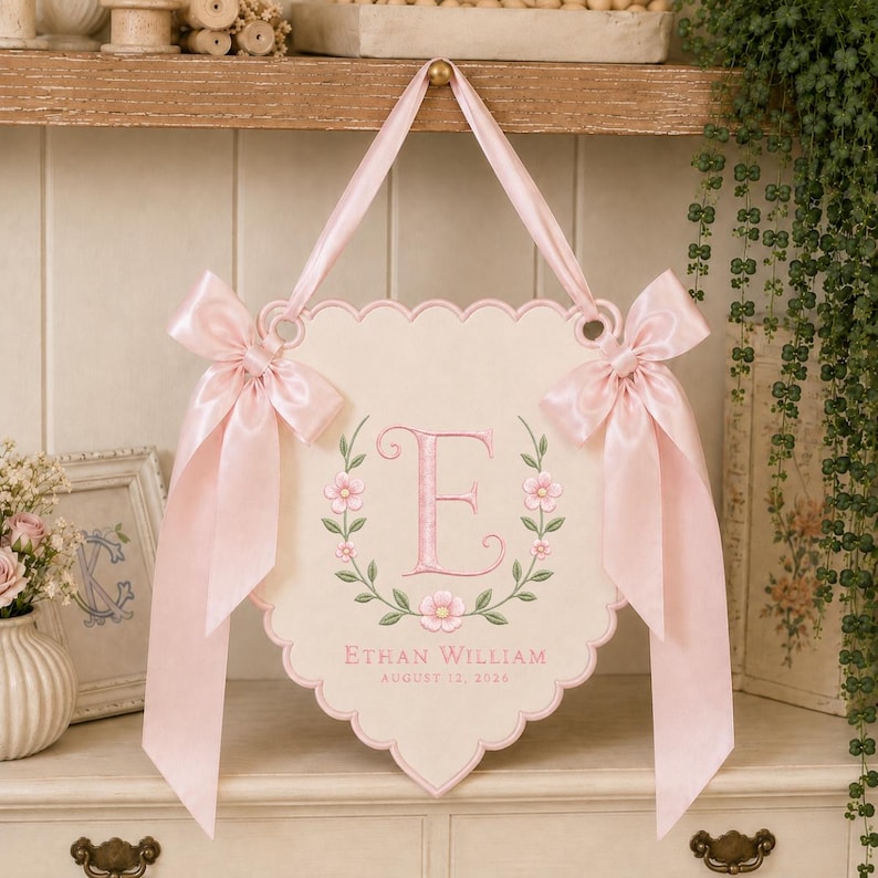 Personalized Baby Monogram Scalloped Banner Decor, Custom Embroidered Name Date Initial Wall Hanging Sign