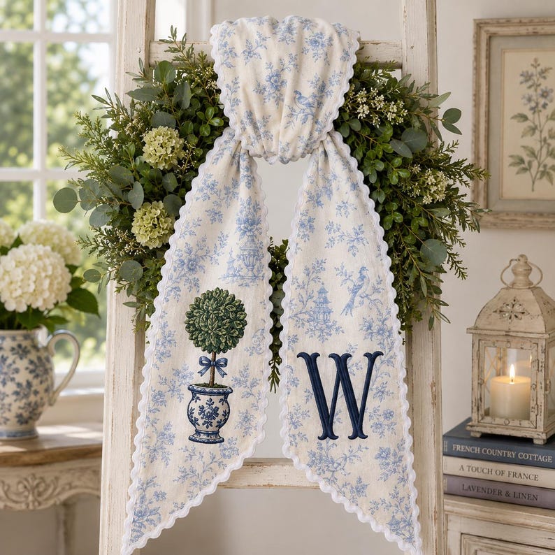 Personalized Chinoiserie Wreath Sash, Blue Toile Monogram Christmas Bow, Topiary Ginger Jar Holiday Decor