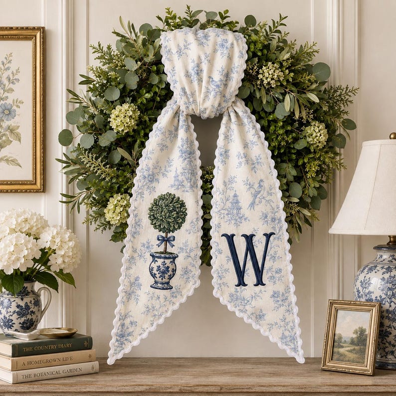 Personalized Chinoiserie Wreath Sash, Blue Toile Monogram Christmas Bow, Topiary Ginger Jar Holiday Decor