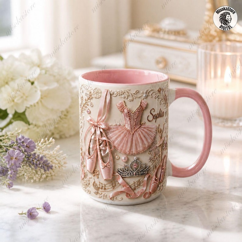 Personalized Ballet Name Mug, Pointe Shoes Charm Design, Custom Ballerina Coffee Mug, Ballet Dancer Gift