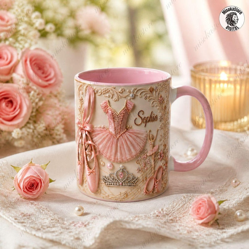 Personalized Ballet Name Mug, Pointe Shoes Charm Design, Custom Ballerina Coffee Mug, Ballet Dancer Gift