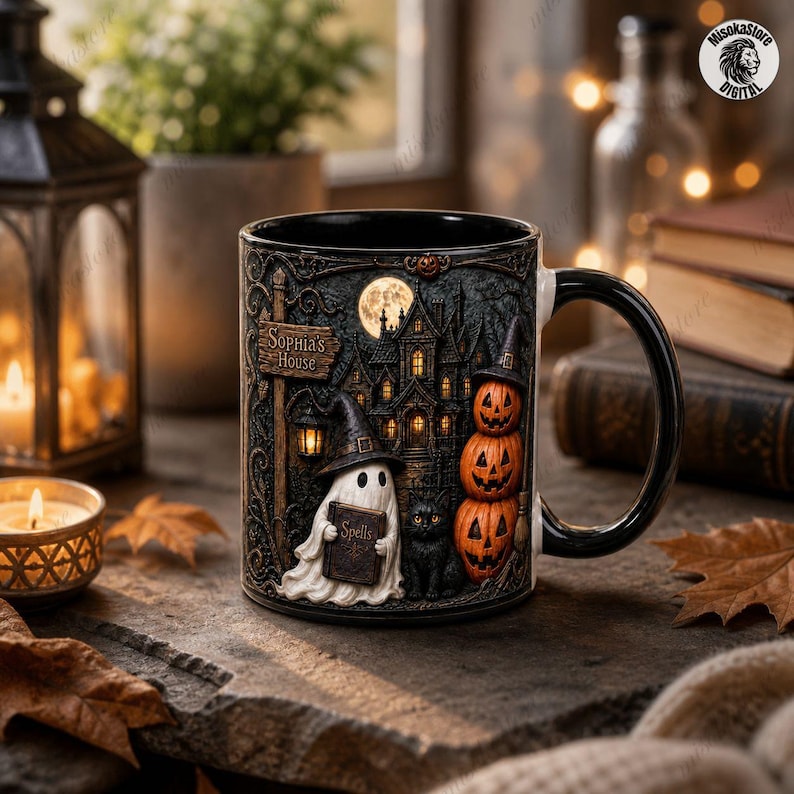 Personalized Haunted House Name Mug, Black Cat Witch Hat Design, Spell Book Ghost Coffee Mug, Halloween Gift