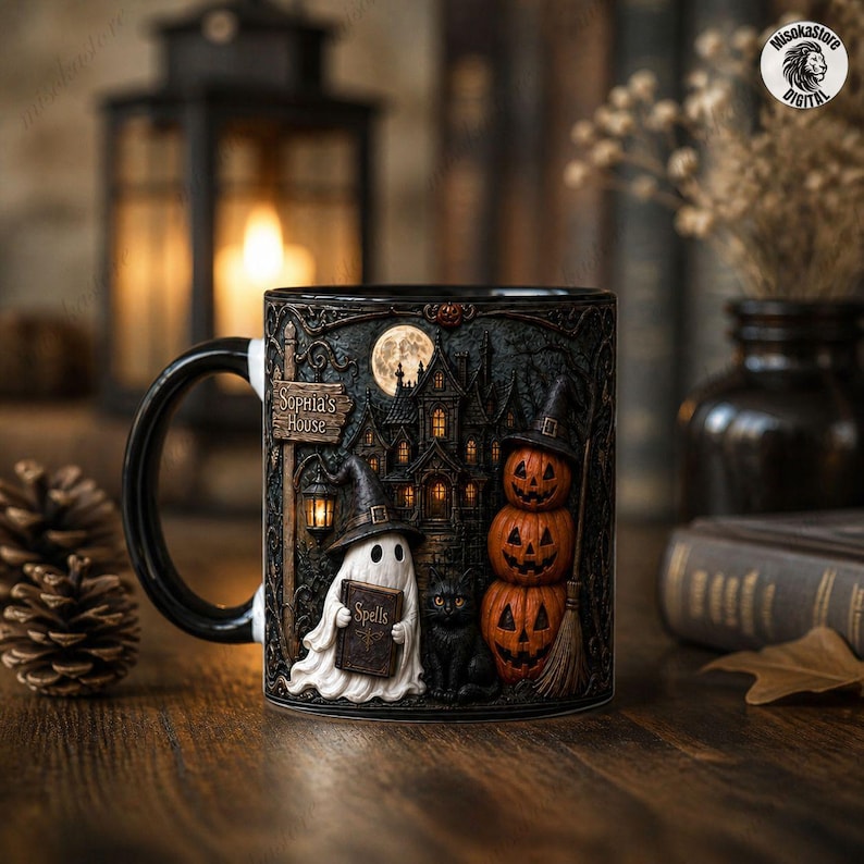 Personalized Haunted House Name Mug, Black Cat Witch Hat Design, Spell Book Ghost Coffee Mug, Halloween Gift
