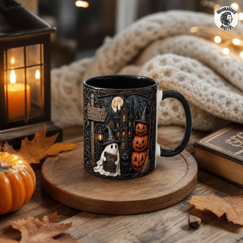 Personalized Haunted House Name Mug, Black Cat Witch Hat Design, Spell Book Ghost Coffee Mug, Halloween Gift