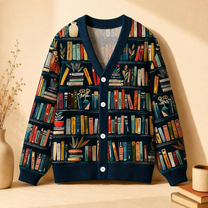 Book Lover Cardigan Sweater, Library Bookshelf Cardigan, Librarian Gift, Reader Cardigan, Bookworm V Neck Button Knit Sweater