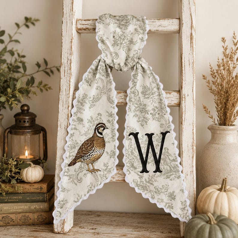 Personalized Quail Wreath Sash, Quail Hunting Monogram Sash, Custom Initial Bird Wreath Bow, Fall Thanksgiving Sash
