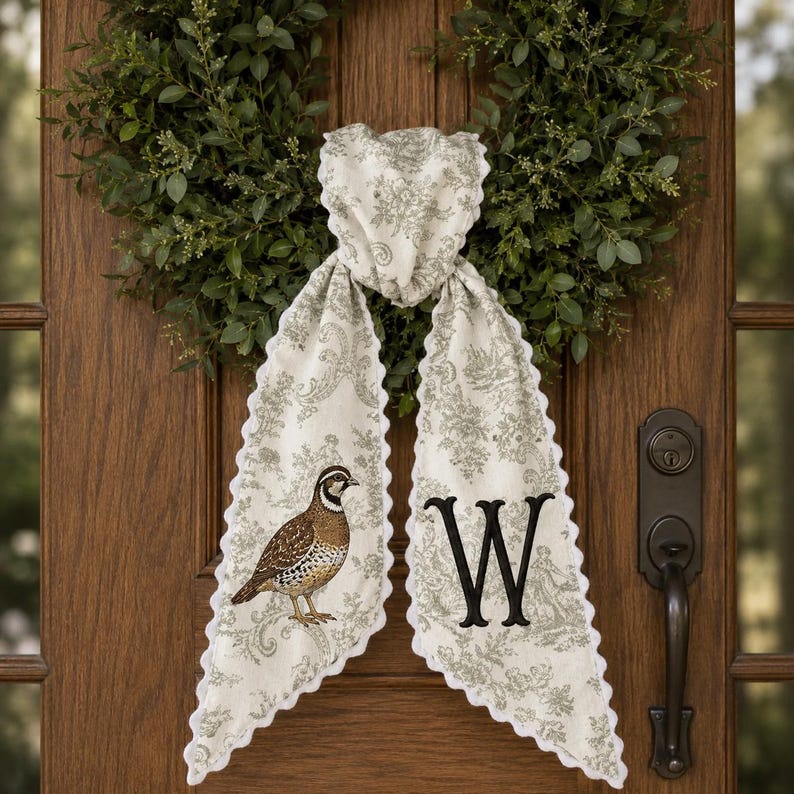 Personalized Quail Wreath Sash, Quail Hunting Monogram Sash, Custom Initial Bird Wreath Bow, Fall Thanksgiving Sash