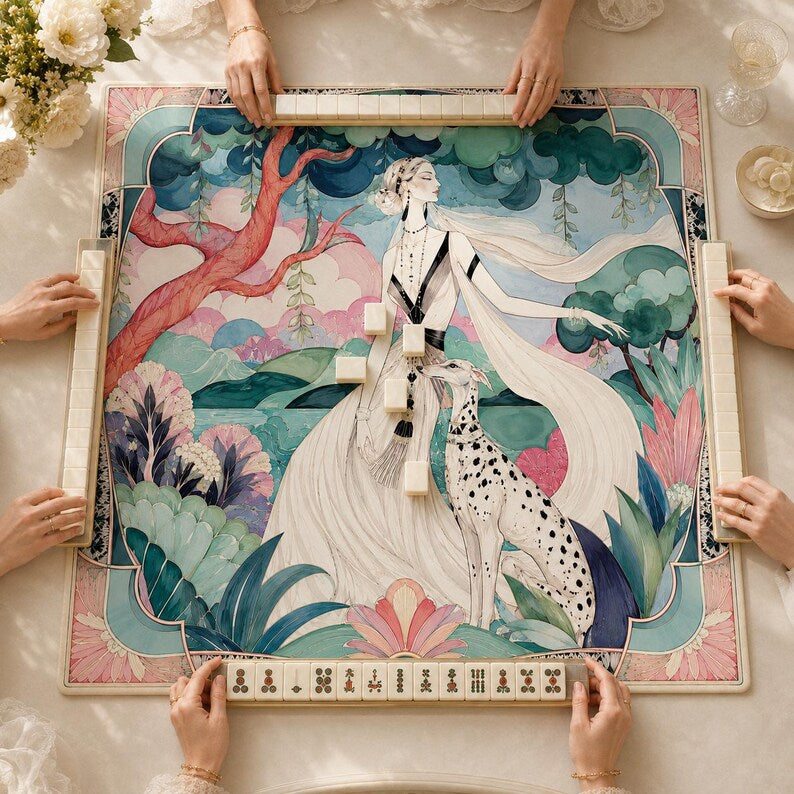 Mahjong Mat Gift for Her, Floral Elegant Dog Theme Mah Jongg Table Cover, Teal Pink Sea Glass Room Decor