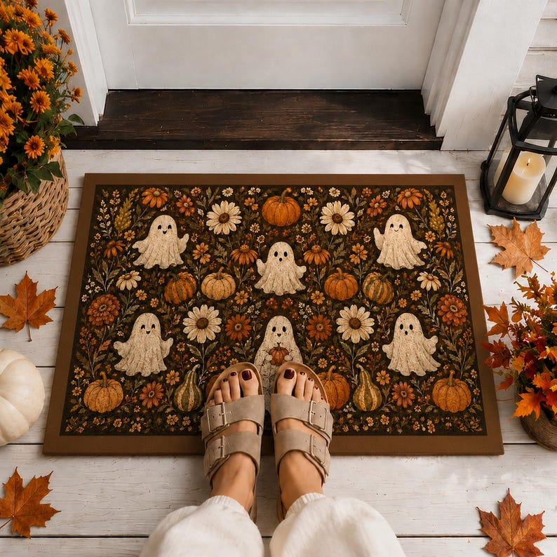 Halloween Ghost Coir Doormat, Spooky Fall Front Door Mat, Pumpkin Floral Outdoor Rug, Cute Halloween Porch Decor