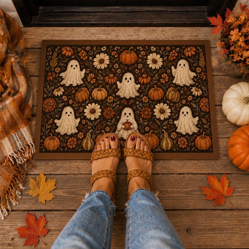 Halloween Ghost Coir Doormat, Spooky Fall Front Door Mat, Pumpkin Floral Outdoor Rug, Cute Halloween Porch Decor