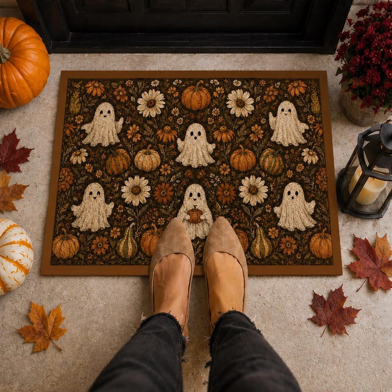 Halloween Ghost Coir Doormat, Spooky Fall Front Door Mat, Pumpkin Floral Outdoor Rug, Cute Halloween Porch Decor