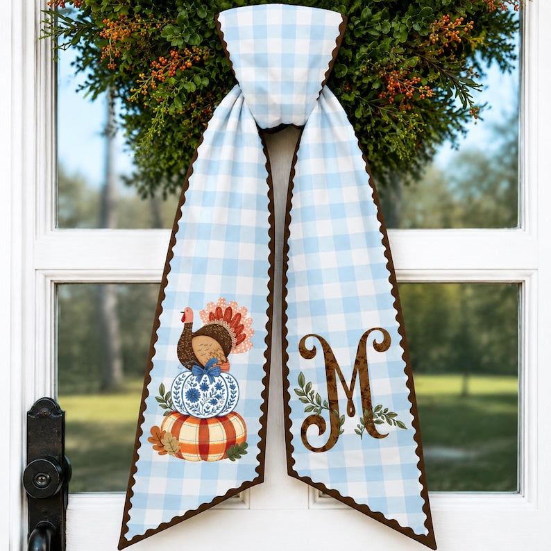 Personalized Turkey Pumpkin Wreath Sash, Monogram Front Door Decor, Fall Door Bow, Thanksgiving Sash, Autumn Porch Decor