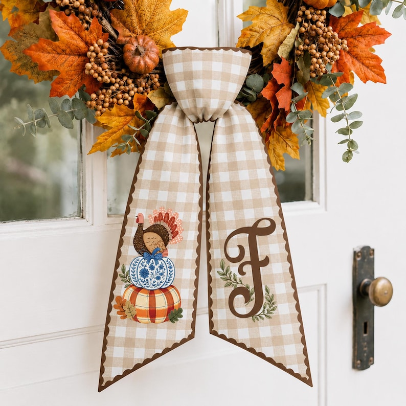 Personalized Turkey Pumpkin Wreath Sash, Monogram Front Door Decor, Fall Door Bow, Thanksgiving Sash, Autumn Porch Decor