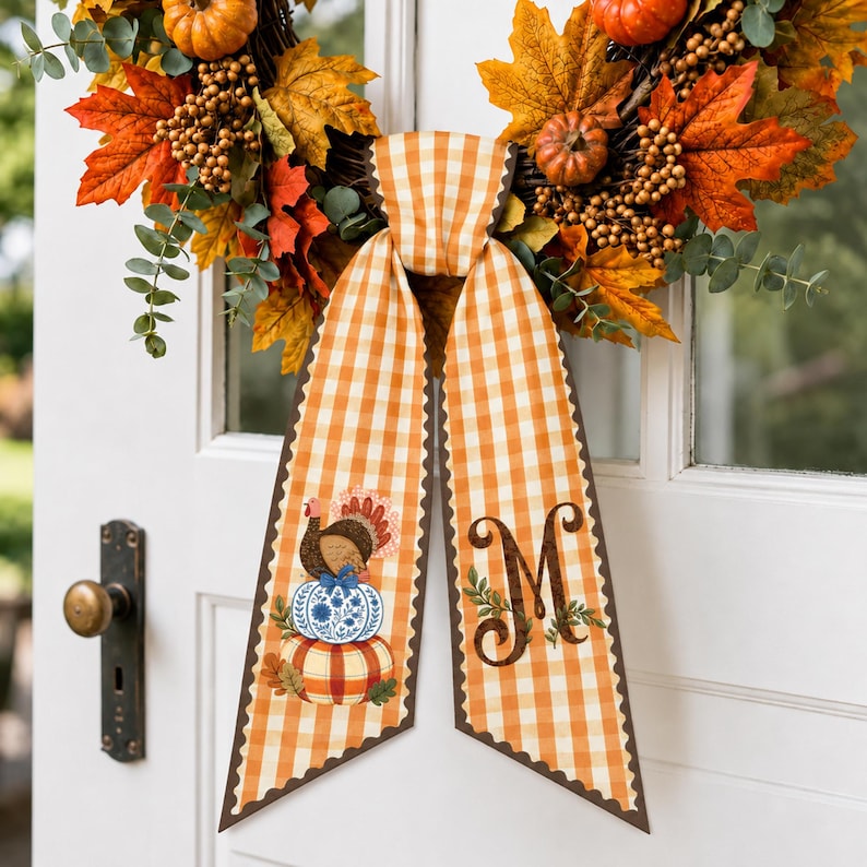 Personalized Turkey Pumpkin Wreath Sash, Monogram Front Door Decor, Fall Door Bow, Thanksgiving Sash, Autumn Porch Decor
