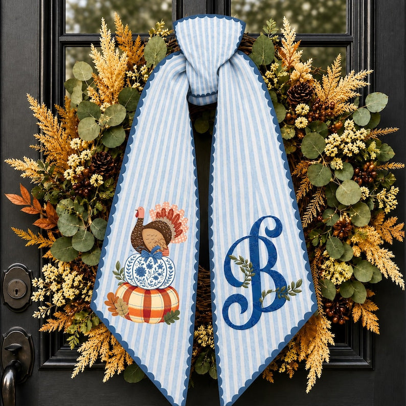 Personalized Turkey Pumpkin Wreath Sash, Monogram Front Door Decor, Fall Door Bow, Thanksgiving Sash, Autumn Porch Decor