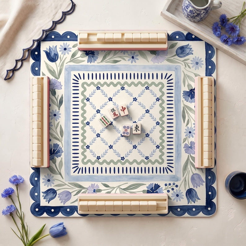 Cornflower Scallop Mahjong Mat, Folk Art Floral Game Night Gift, Blue Floral Playmat