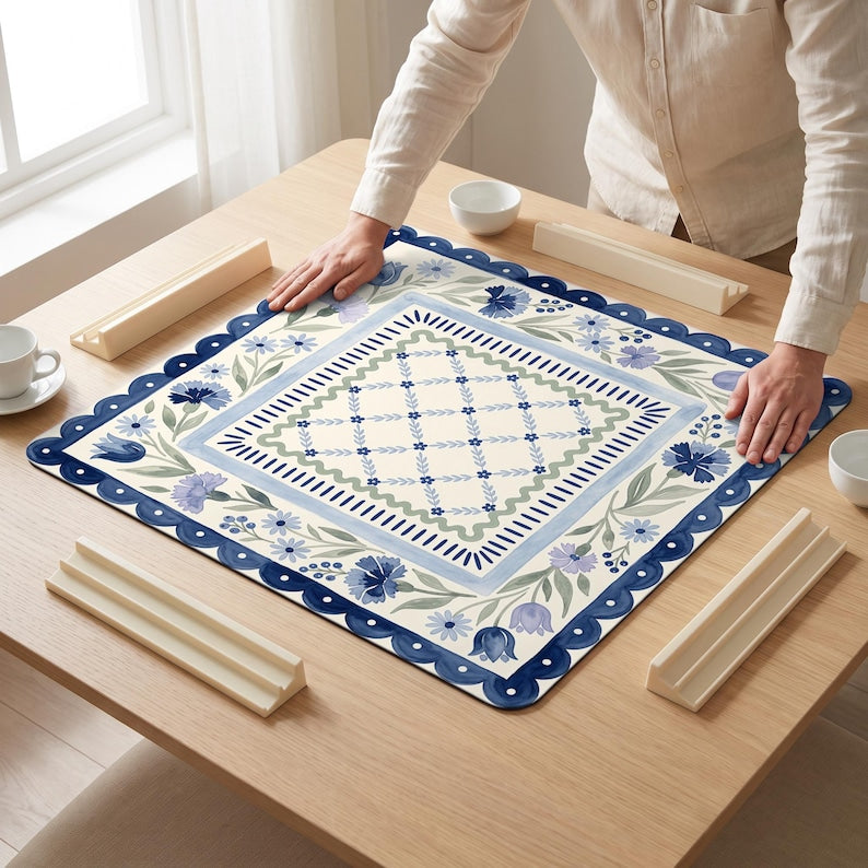 Cornflower Scallop Mahjong Mat, Folk Art Floral Game Night Gift, Blue Floral Playmat