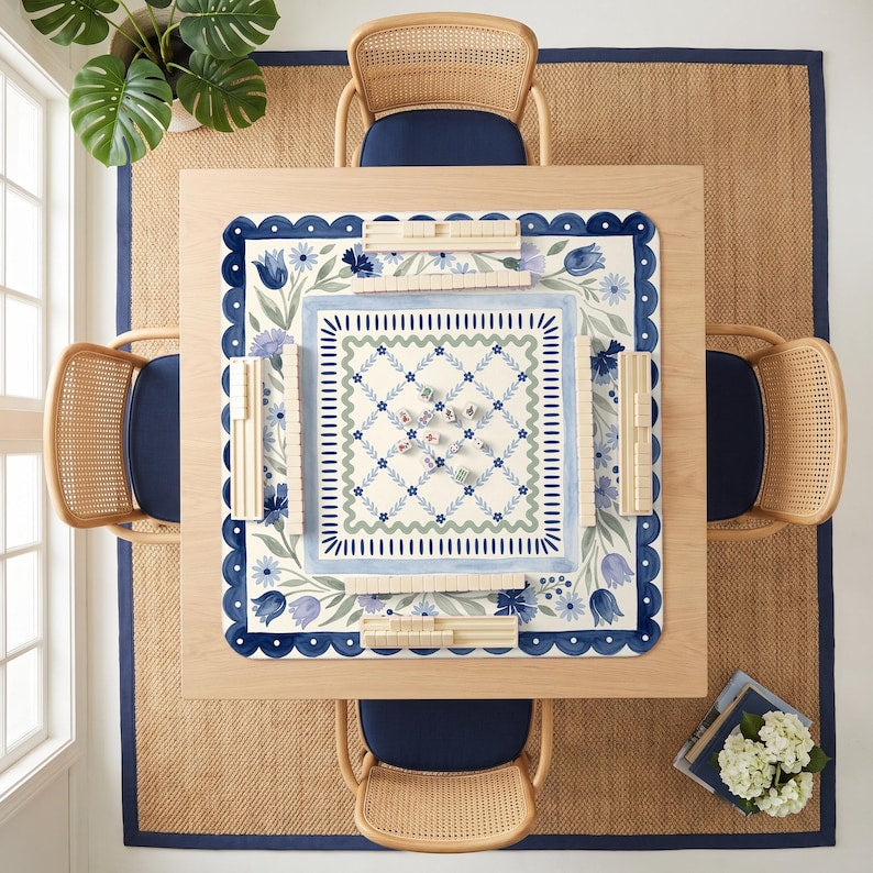 Cornflower Scallop Mahjong Mat, Folk Art Floral Game Night Gift, Blue Floral Playmat