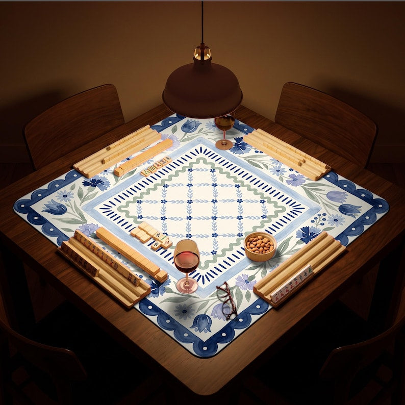 Cornflower Scallop Mahjong Mat, Folk Art Floral Game Night Gift, Blue Floral Playmat