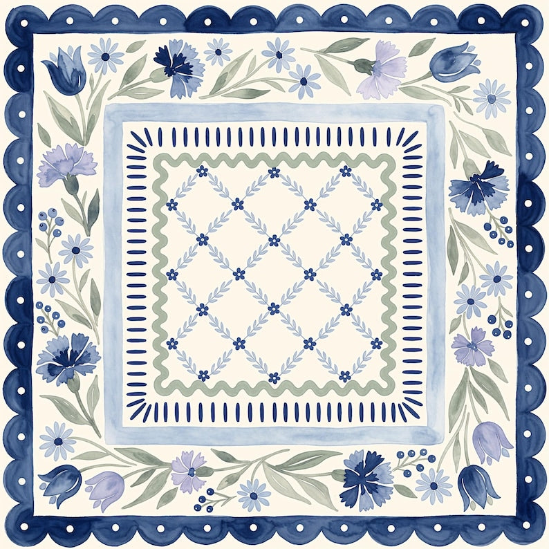 Cornflower Scallop Mahjong Mat, Folk Art Floral Game Night Gift, Blue Floral Playmat