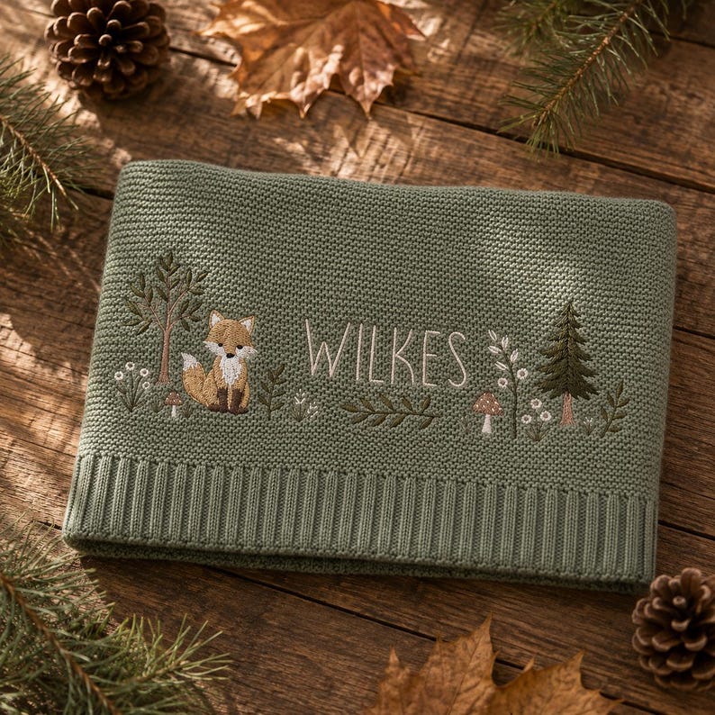 Personalized Woodland Fox Baby Blanket, Embroidered Name Keepsake, Forest Knit Nursery Gift