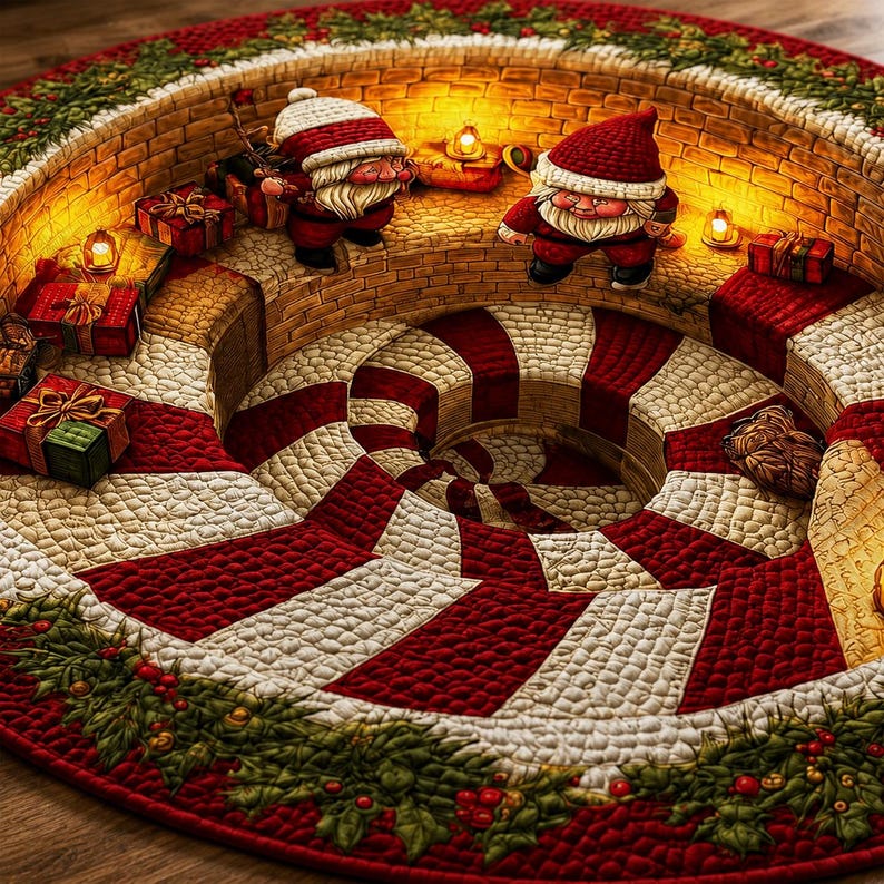 Christmas 3D Illusion Rug, Santa Gnome Round Area Rug, Candy Cane Spiral Floor Mat, Holiday Living Room Decor