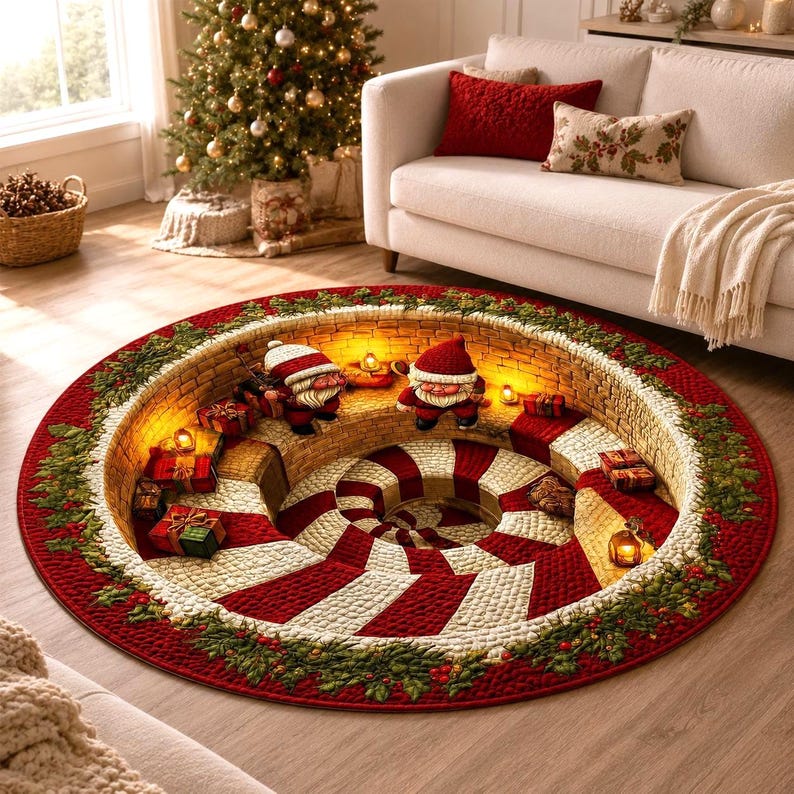 Christmas 3D Illusion Rug, Santa Gnome Round Area Rug, Candy Cane Spiral Floor Mat, Holiday Living Room Decor