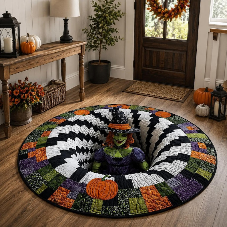 Halloween Witch 3D Illusion Round Rug, Spooky Spiral Tunnel Floor Mat, Gothic Decor, Creepy Witch Gift