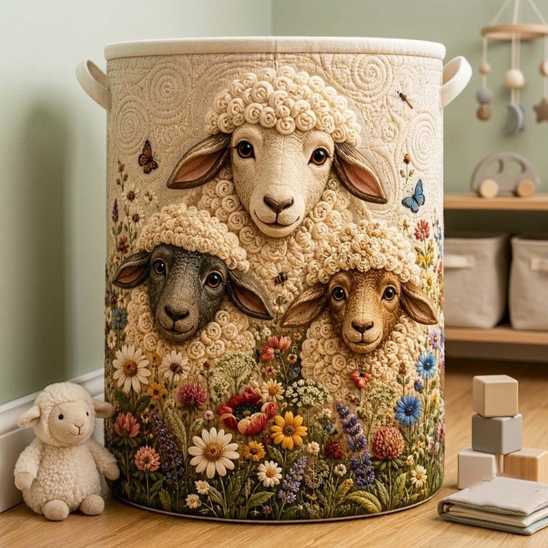 Whimsical Sheep Portrait Quilted Laundry Basket, Cute Lamb Storage Bin, Large Hamper