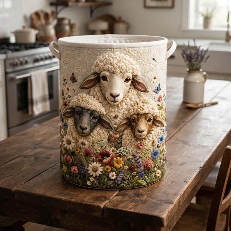 Whimsical Sheep Portrait Quilted Laundry Basket, Cute Lamb Storage Bin, Large Hamper