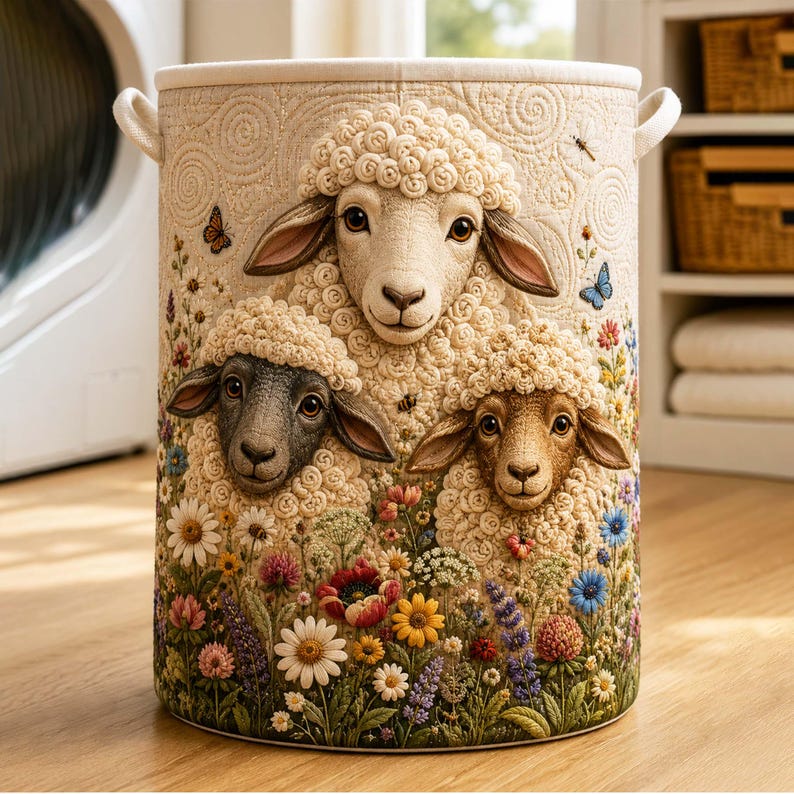 Whimsical Sheep Portrait Quilted Laundry Basket, Cute Lamb Storage Bin, Large Hamper