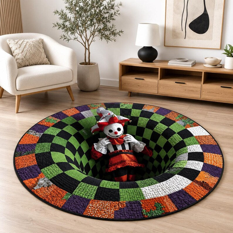 Creepy Jester 3D Illusion Rug, Halloween Clown Round Area Rug, Spooky Checkerboard Floor Mat, Gothic Horror Home Decor
