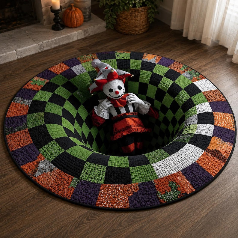 Creepy Jester 3D Illusion Rug, Halloween Clown Round Area Rug, Spooky Checkerboard Floor Mat, Gothic Horror Home Decor