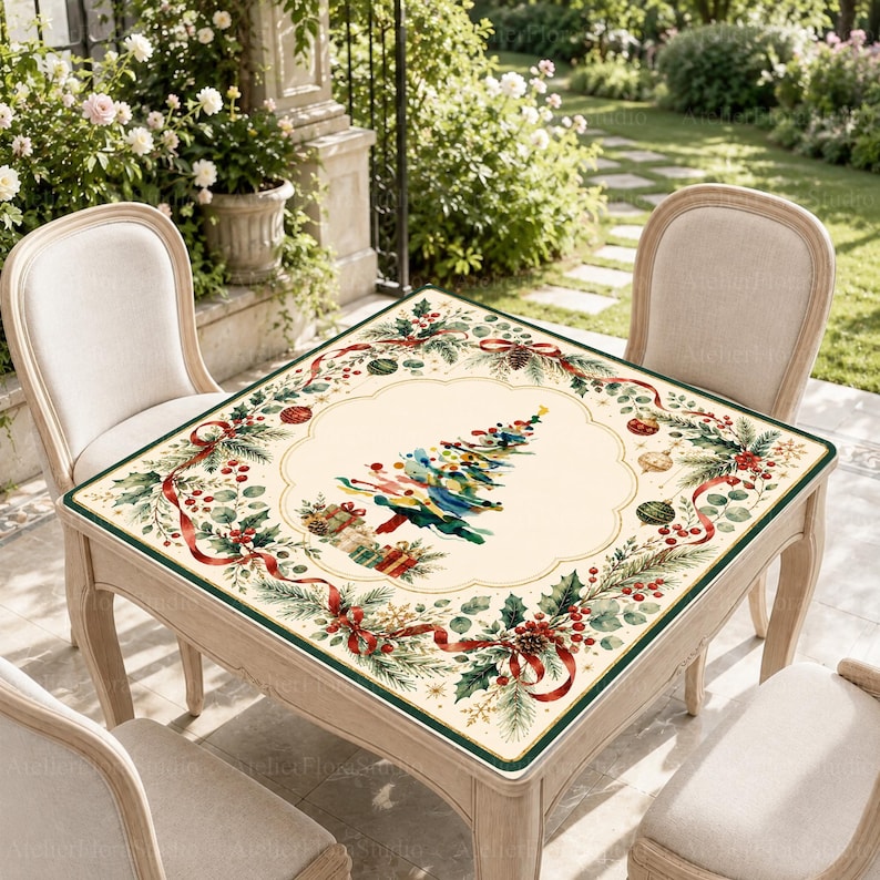 Watercolor Christmas Tree Mahjong Mat, Non-Slip Holiday Pine & Holly Mahjong Gift, American Mahjong Mat