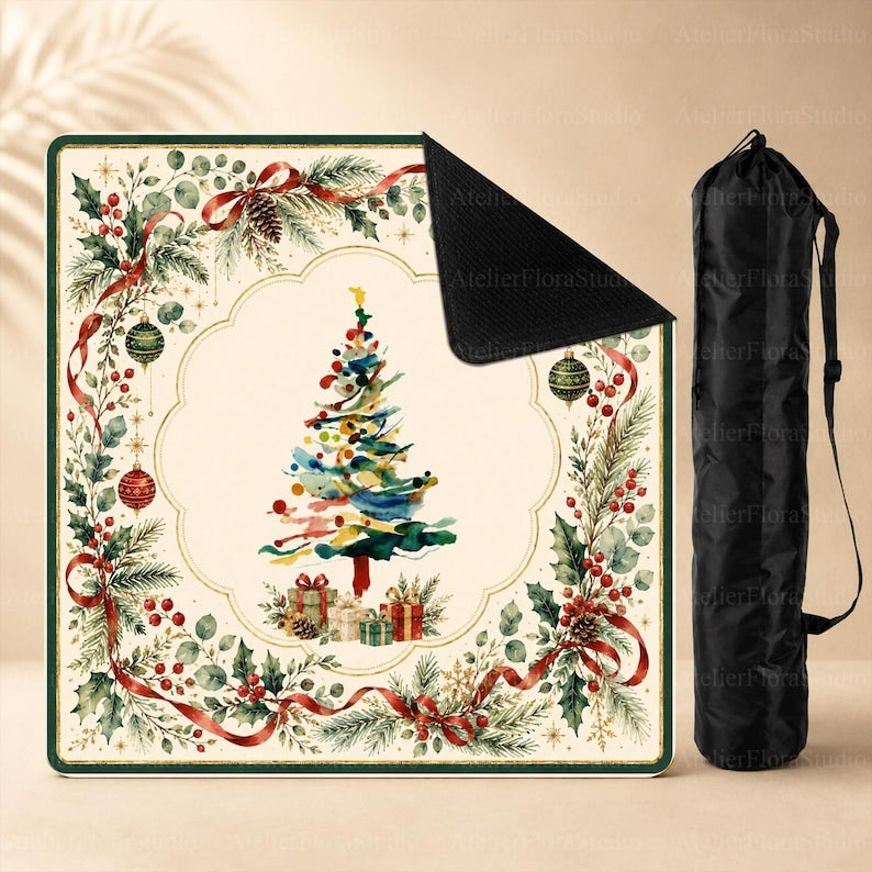 Watercolor Christmas Tree Mahjong Mat, Non-Slip Holiday Pine & Holly Mahjong Gift, American Mahjong Mat