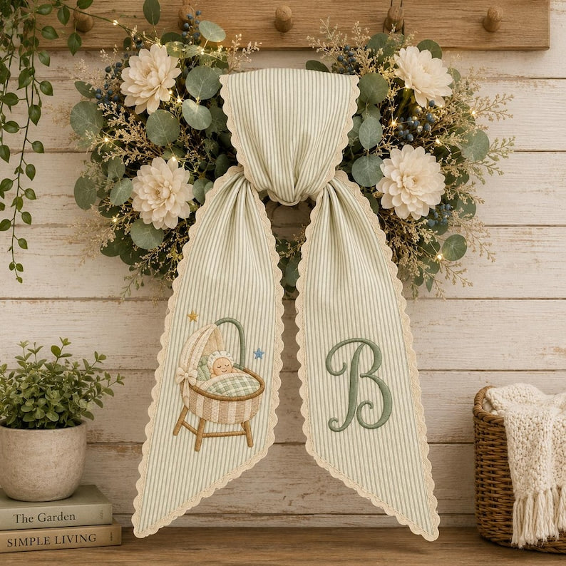 Personalized Baby Wreath Sash, Custom Embroidered Bassinet Monogram Sash, New Baby Door Decor