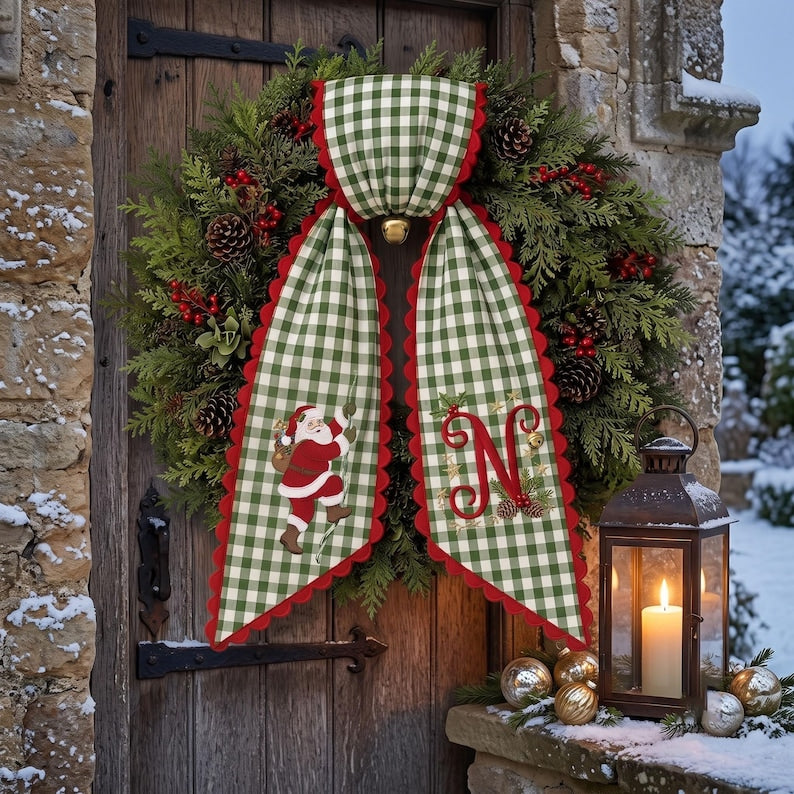 Custom Embroidery Christmas Santa Name Wreath Sash, Personalized Santa Monogram Bow Christmas Decor