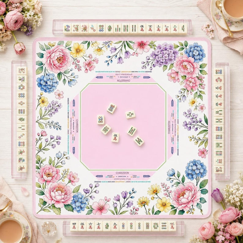 Pink Floral Mahjong Mat American Mahjong Table Mat Garden Flower Game Mat Soft Pastel Game Night Gift