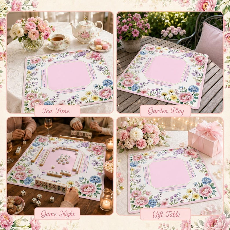 Pink Floral Mahjong Mat American Mahjong Table Mat Garden Flower Game Mat Soft Pastel Game Night Gift