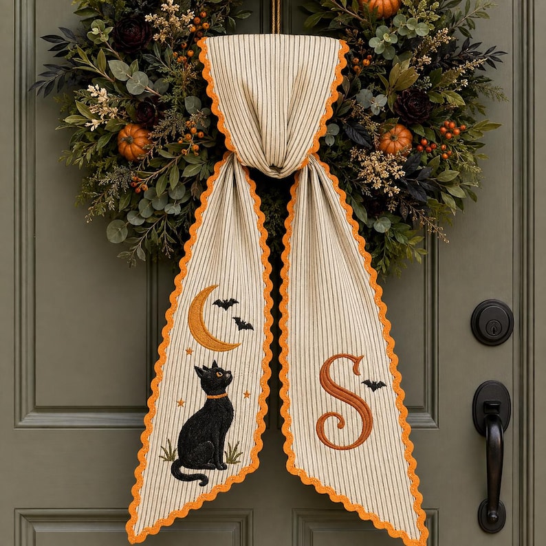 Personalized Halloween Sash, Black Cat Moon Embroidered Sash, Custom Monogram Spooky Sash, Witchy Fall Accessory