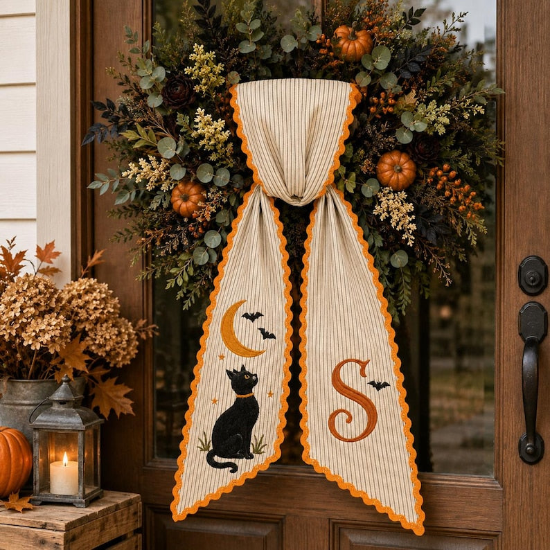 Personalized Halloween Sash, Black Cat Moon Embroidered Sash, Custom Monogram Spooky Sash, Witchy Fall Accessory