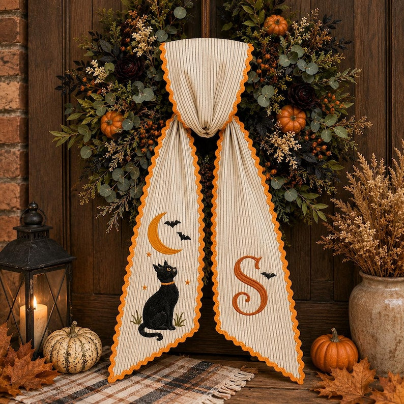 Personalized Halloween Sash, Black Cat Moon Embroidered Sash, Custom Monogram Spooky Sash, Witchy Fall Accessory