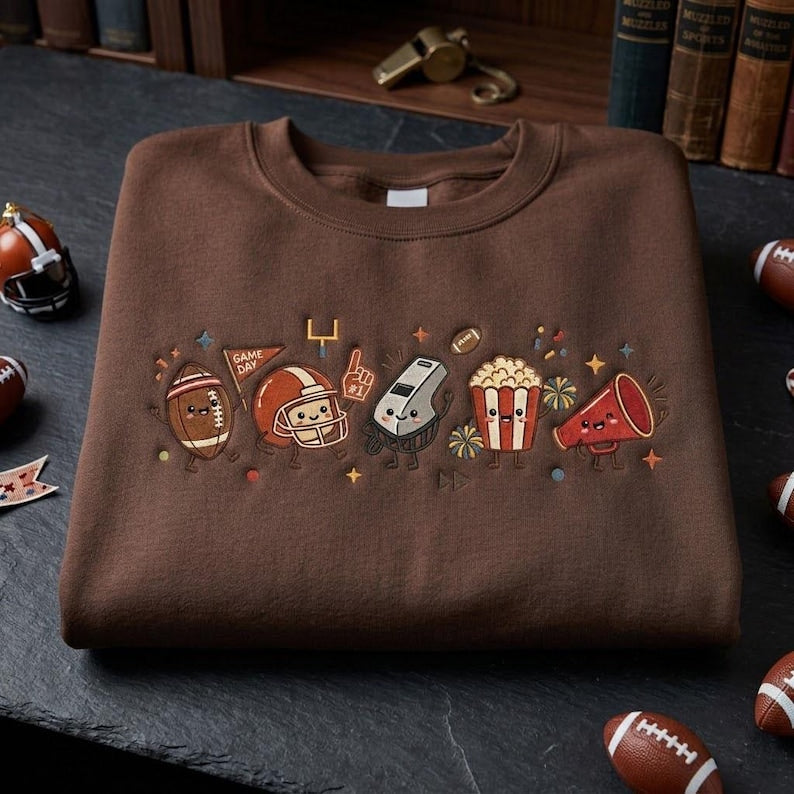 Embroidered Cute Football Characters Sweatshirt, Game Day Mascot Crewneck, Popcorn & Cheer Tailgate Pullover