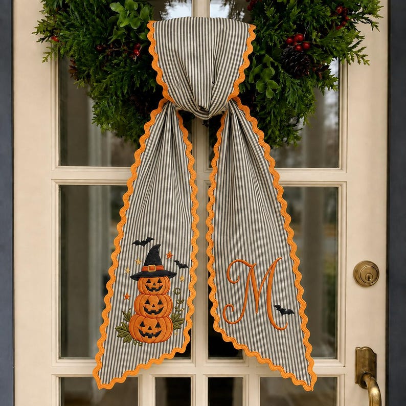 Personalized Halloween Sash, Embroidered Halloween Pumpkin Stack Monogram Sash, Black Stripe Spooky Accessory