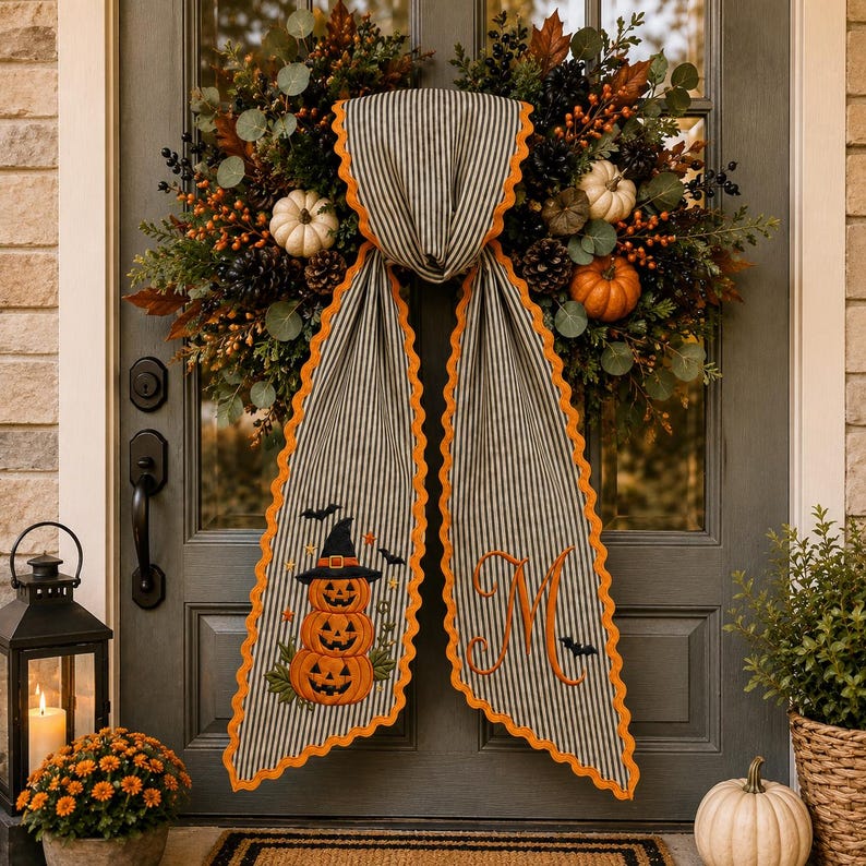 Personalized Halloween Sash, Embroidered Halloween Pumpkin Stack Monogram Sash, Black Stripe Spooky Accessory