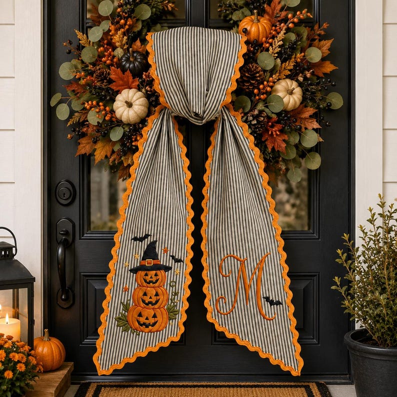 Personalized Halloween Sash, Embroidered Halloween Pumpkin Stack Monogram Sash, Black Stripe Spooky Accessory