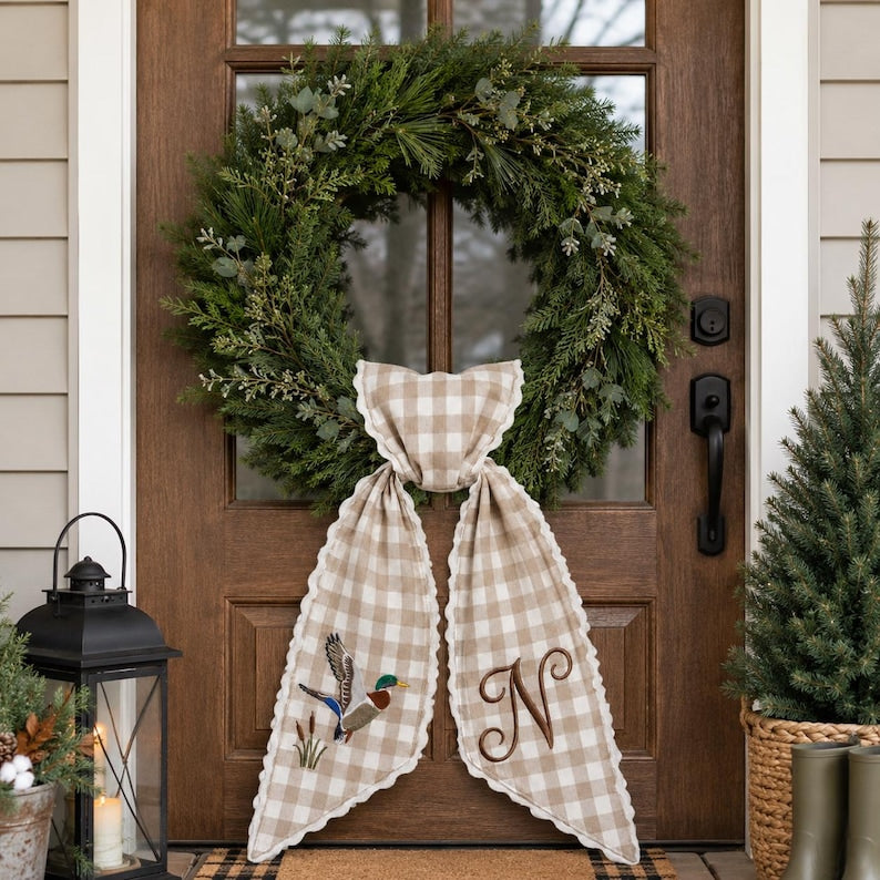 Personalized Duck Wreath Sash, Embroidered Monogram Door Bow, Neutral Gingham Decor